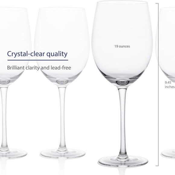 Classic Wine Glasses with Stems l (15oz) l Hand Blown Premium Crystal l Set of 4 - Picture 9 of 10